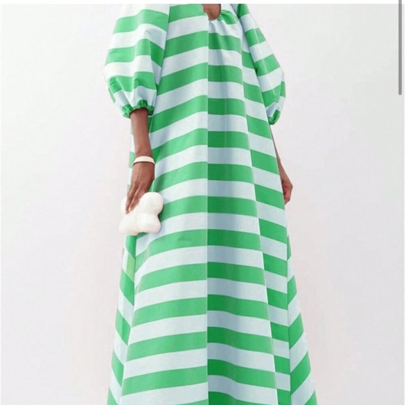 Gorgeous boho maxi dress green striped floor length cotton maid Cottagecore - Picture 3 of 6